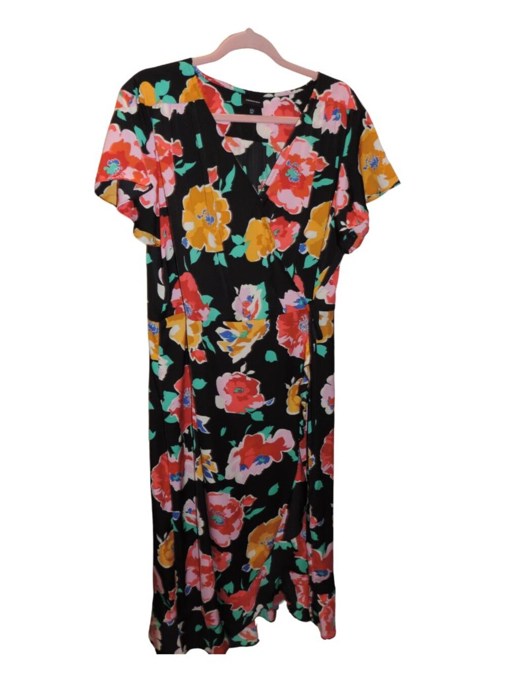 Who What Wear Black Floral Midi Dress with Pink, Yellow and Green Accents